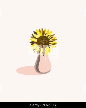 Sunflower in a vase. A vase with a sunflower on which the light falls. Illustration for postcard, poster, banner, flyer, greeting card, cover. Vector Stock Vector