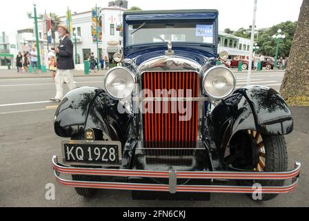 Powerful sight: Front view of an Essex Super Six classic car from 1928 at Art Deco Weekend in Napier. Stock Photo