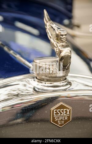 Hood Ornament of an Essex Super Six classic car from 1928 at Art Deco Weekend in Napier. Stock Photo