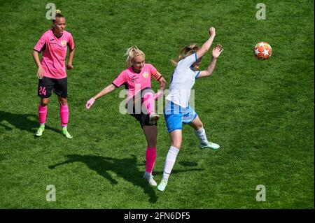 KHARKIV, UKRAINE - MAY 14, 2021:  Woman football match Zhilstroi-2 vs. Voshod. Public events are allowed. Europe match of football during CV pandemic. Stock Photo