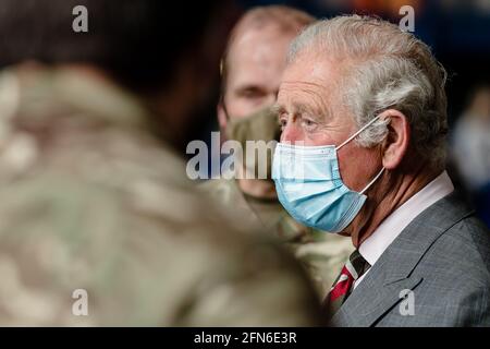 MERTHYR TYDFIL, WALES -  14 MAY 2021: Prince Charles visits The Dowlais Engine house and the local charity workers, council employees and members of the army who volunteered during the covid-19 pandemic. Photo Credit John Smith / Alamy Live News Stock Photo