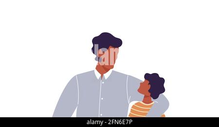 African man hugging his son. Faceless dad together with son. Father talking to his kid. Happy family. Cute cartoon characters Stock Photo