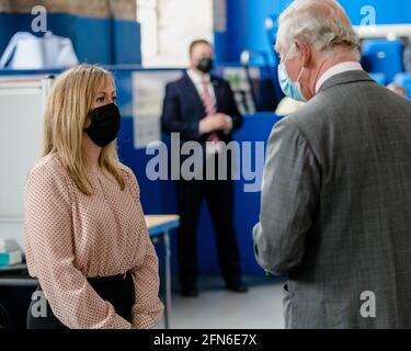 MERTHYR TYDFIL, WALES -  14 MAY 2021: Prince Charles visits The Dowlais Engine house and the local charity workers, council employees and members of the army who volunteered during the covid-19 pandemic. Photo Credit John Smith / Alamy Live News Stock Photo