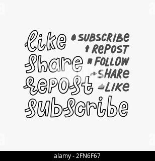 Like Share Repost Subscribe Follow doodle hand lettering stickers. quote subscribe to channel, blog. Social media background. Marketing. Vector Stock Vector