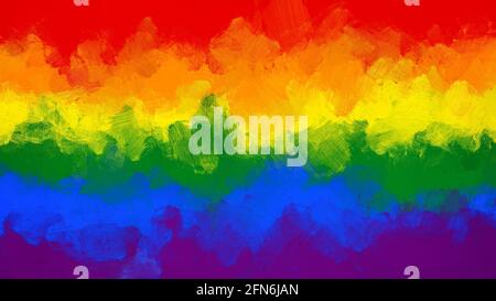 Rainbow colored LGBT pride flag oil painting background with brush strokes. Abstract high resolution full frame digital oil painting on canvas. Stock Photo