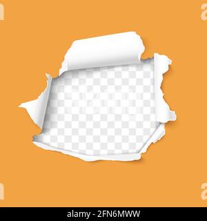 Torn hole and ripped of orange paper sheet isolated on a transparent background. Realistic vector paper texture effect Stock Vector