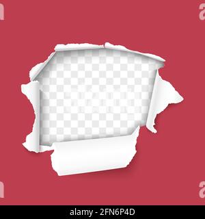 Torn hole in the sheet of red paper realistic vector banner Stock Vector