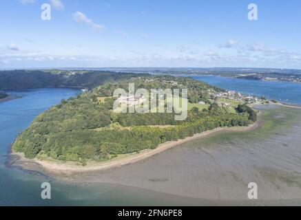 France, Finistère, Landévennec, Saint-Guénolé Abbey, in the valley of Brest harbour at the mouth of the Aulne river (aerial view) Stock Photo