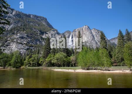 Yosemite Falls from near Sentinel Beach in Yosemite National Park, California. Stock Photo