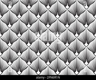 Abstract geometric pattern with stripe lines. Artistic fan shape floral ornamenal tile background. Black and white texture. Stock Vector