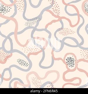 Abstract dotted seamless pattern with swirl lines. Ornamental drawn texture. Abstract backdrop with chaotic flowing wriggling lines and dots. Creative Stock Vector