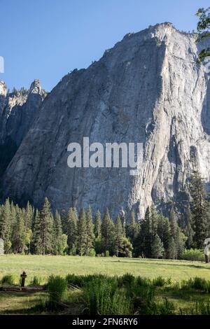 El Capitan rises from the floor of Yosemite Valley in Yosemite National Park, California. Stock Photo