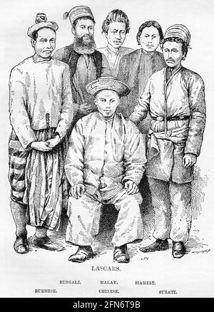 Engraving of a variety of lascars, who were sailors or militiamen from the Indian Subcontinent, Southeast Asia, the Arab world, British Somaliland, or other land east of the Cape of Good Hope. They were employed on European ships from the 16th century until the middle of the 20th century, but often suffered great poverty when the voyage was over and they were back on European soil. Stock Photo