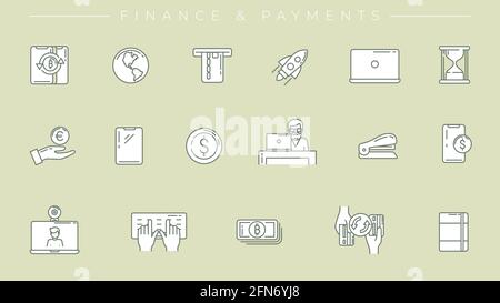 Finance and Payments concept line style vector icons set. Stock Vector