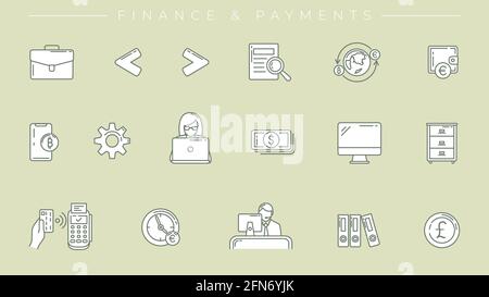 Finance and Payments concept line style vector icons set. Stock Vector