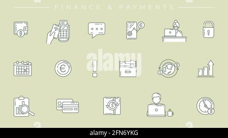 Finance and Payments concept line style vector icons set. Stock Vector