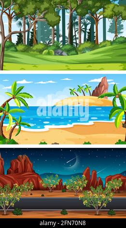 Set of different nature horizontal scenes illustration Stock Vector