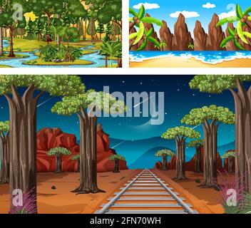 Set of different forest horizontal scenes illustration Stock Vector