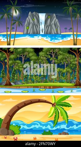 Three different nature horizontal scenes illustration Stock Vector