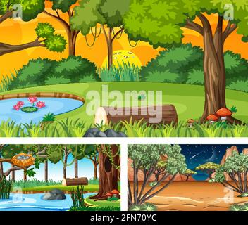 Set of different forest horizontal scenes illustration Stock Vector