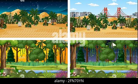 Four different nature horizontal scenes illustration Stock Vector