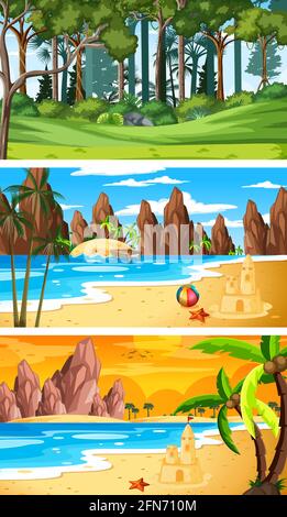 Three different nature horizontal scenes illustration Stock Vector