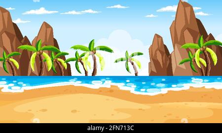 Tropical beach scene with many palm trees at night Stock Vector Image ...