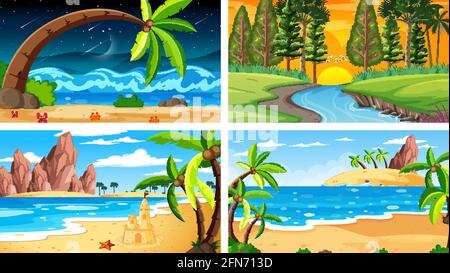 Four different nature horizontal scenes illustration Stock Vector