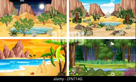 Four different nature horizontal scenes illustration Stock Vector