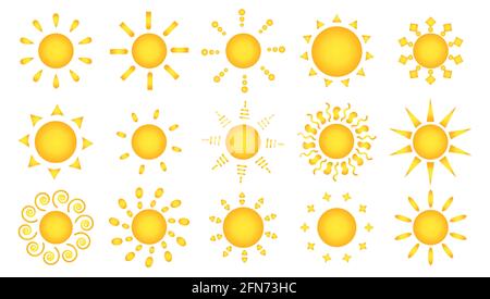 Decor of objects, rooms, dishes, furniture, bed linen. Stickers for children. Beautiful smooth symmetrical gradient suns. Design elements. Different abstract shapes.Weather element Stock Vector