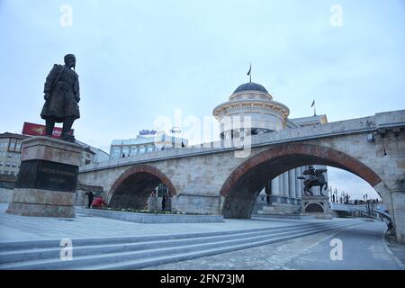 SKOPJE, MACEDONIA - DECEMBER 25: Stone Bridge at cloudy day in Skopje on December 25, 2016 in Macedonia. Stone bridge is considered a symbol of Skopje. Stock Photo