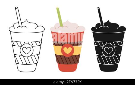 Coffee cup cartoon set line icon, black glyph trendy style. Craft doodle flat cups to go. Drinks with foam, branding and cafe label design, disposable coffee paper cup icon. Vector illustration Stock Vector