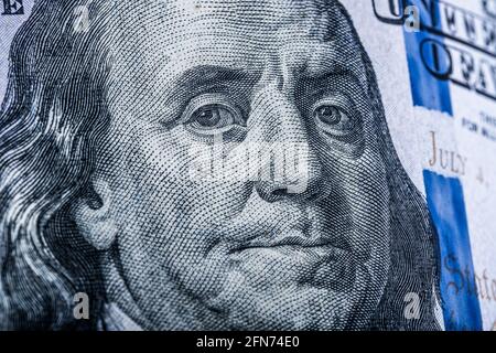 Portrait of Benjamin Franklin on one hundred dollar bill Stock Photo