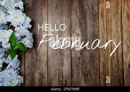 Welcome February text and blue flower decoration on wooden background Stock Photo