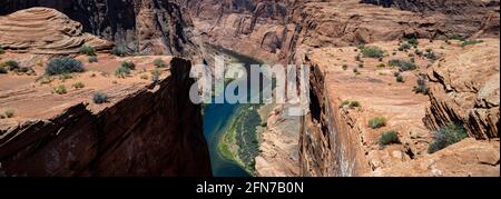 Panoramic of Canyon. Horseshoe Bend on Colorado River in Glen Canyon. Travel Adventure Outdoor Concept.