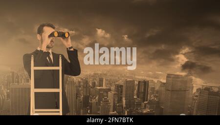 Composition of caucasian businessman looking through binoculars over cityscape Stock Photo