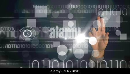 Composition of data processing and digital icons over caucasian hand Stock Photo
