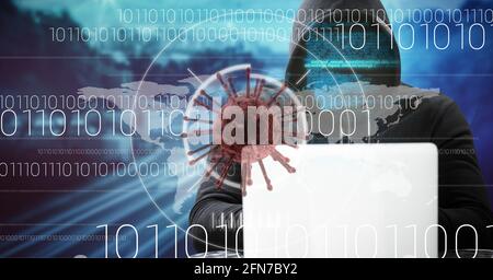 Composition of covid 19 virus cell and binary coding data processing over hacker using laptop. global virus pandemic and cyber attack concept digitall Stock Photo