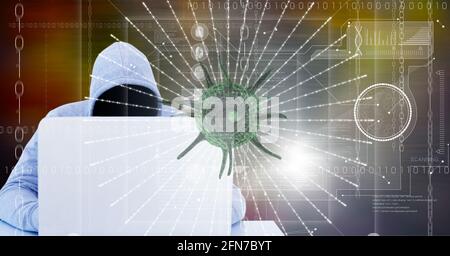Composition of covid 19 virus cell and binary coding data processing over hacker using laptop. global virus pandemic and cyber attack concept digitall Stock Photo