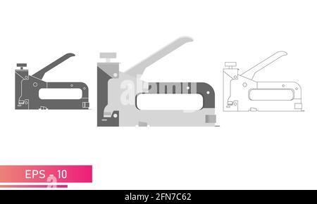 Set, Construction stapler in a metal case. Linear, solid and realistic design. On a white background. Tools for workers. Flat vector illustration. Stock Vector