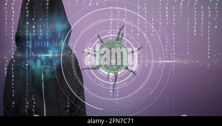 Composition of covid 19 virus cell and binary coding data processing over hacker in hoodie. global virus pandemic and cyber attack concept digitally g Stock Photo