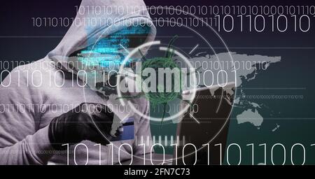 Composition of covid 19 virus cell and binary coding over hacker with credit card and laptop. global virus pandemic and cyber attack concept digitally Stock Photo