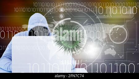 Composition of covid 19 virus cell and binary coding data processing over hacker using laptop. global virus pandemic and cyber attack concept digitall Stock Photo