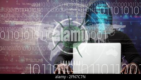 Composition of covid 19 virus cell and binary coding data processing over hacker using laptop. global virus pandemic and cyber attack concept digitall Stock Photo