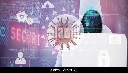 Composition of covid 19 virus cell and binary coding data processing over hacker using laptop. global virus pandemic and cyber attack concept digitall Stock Photo