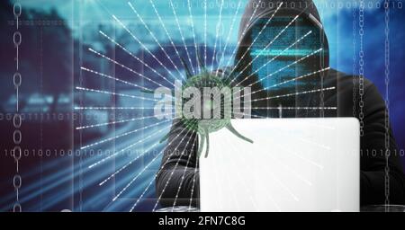 Composition of covid 19 virus cell and binary coding data processing over hacker using laptop. global virus pandemic and cyber attack concept digitall Stock Photo