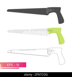 A set, a small handy saw for a carpenter. Linear, solid and realistic design. On a white background. Carpenter tools. Flat vector illustration. Stock Vector