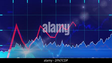 Multiple graphs over grid network against spots of light on blue background Stock Photo