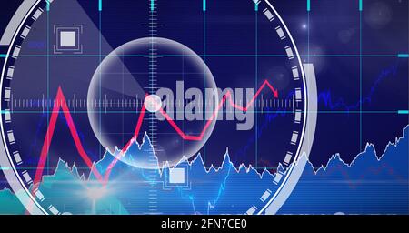 Round scanner over multiple graphs against grid network on blue background Stock Photo