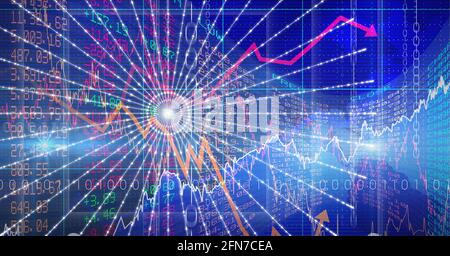 Round scanner and multiple graphs over stock market data processing on blue background Stock Photo
